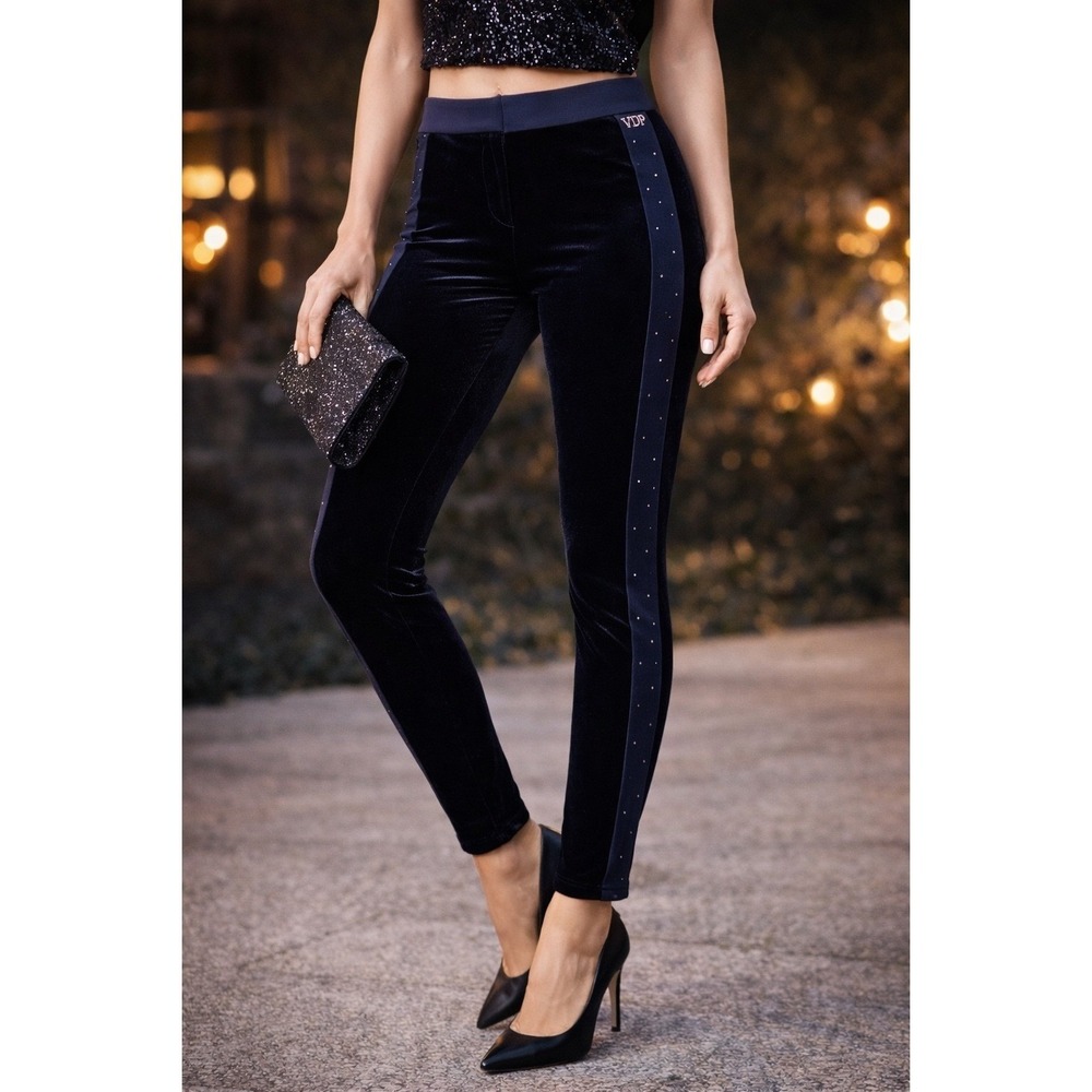 VDP Via Delle Perle Navy Blue Velvet Crystal Embellished Leggings IT 46 Glam